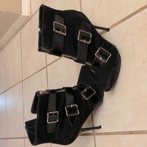 Black Suede Stilleto Platform Ankle Boots, Size 7. Leather Straps/Silver Buckles